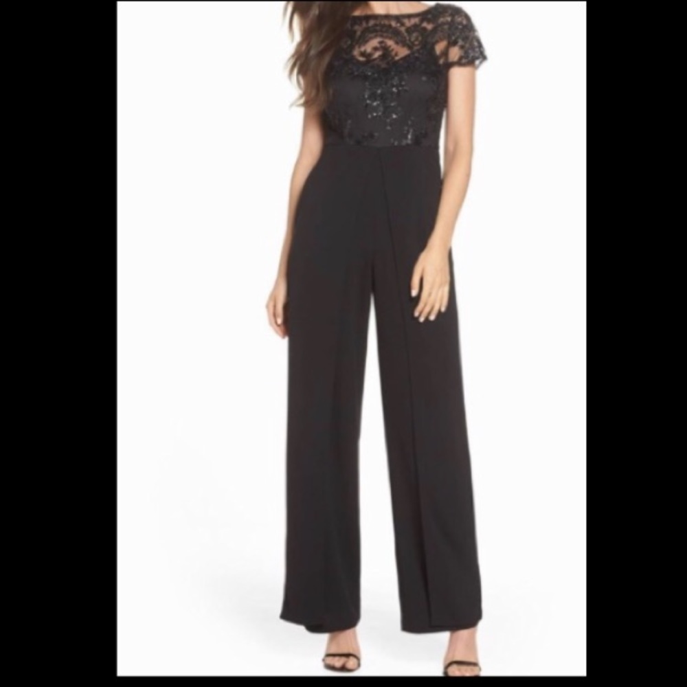Adrianna Papell Black Sequin Beaded Sheer Jumpsuit